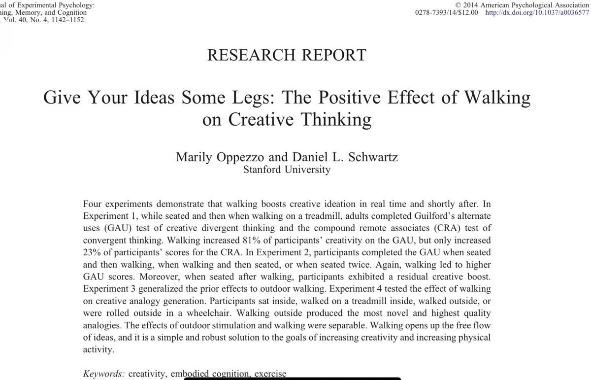 Caminar aumenta la creatividad hasta en un 81%. Y no solo funciona al aire libre: incluso en una cinta de correr, las ideas fluyen mejor. Da un paseo y dejar volar tu imaginación aaalab.stanford.edu/assets/papers/…