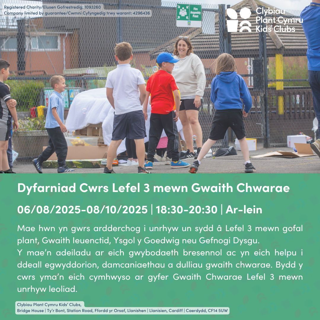 Dyfarniad Cwrs Lefel 3 mewn Gwaith Chwarae (22082) 
06/08/2025  -08/10/2025  

BWCIO NAWR >> buff.ly/ucjSGyz