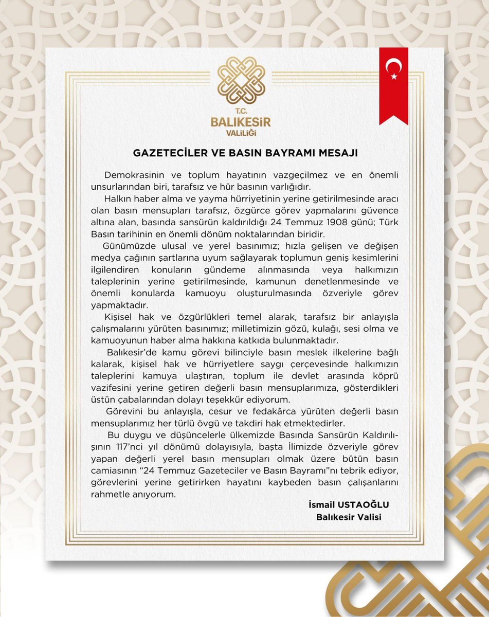 TC_Balikesir's tweet image. Vali İsmail Ustaoğlu’nun Gazeteciler ve Basın Bayramı Mesajı…