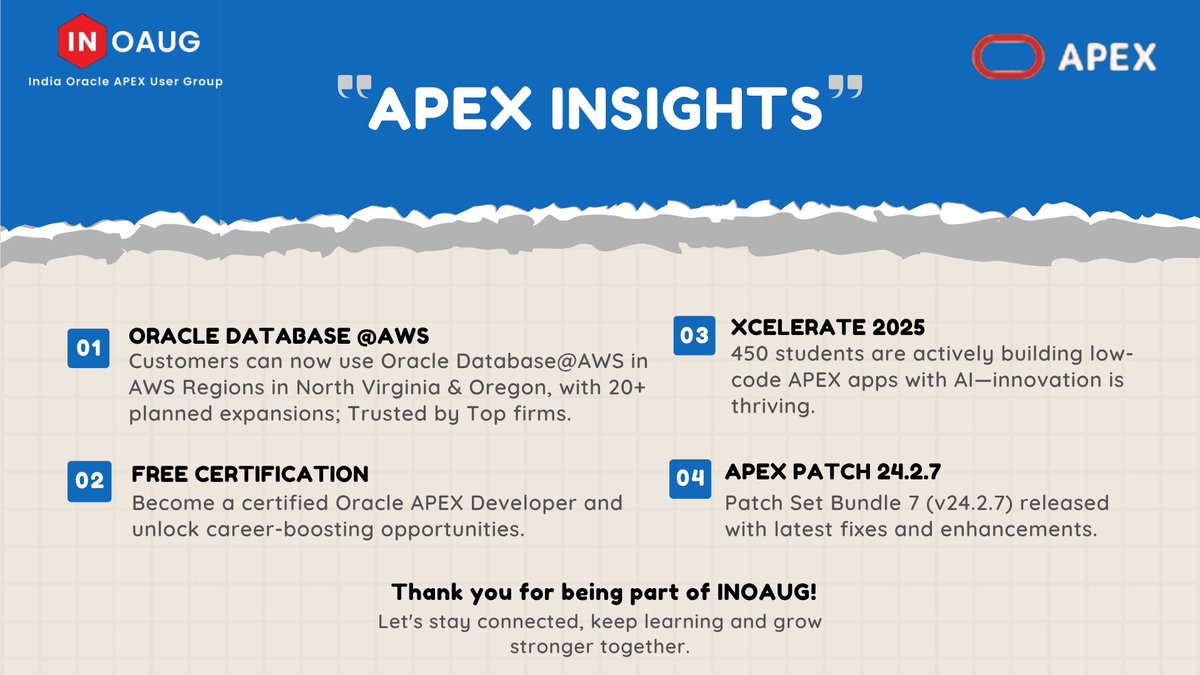 📢 INOAUG is driving the next wave of low-code excellence! 🚀 From community growth to cutting-edge initiatives, now’s the best time to engage, build, and innovate with Oracle APEX.

#Oracle #INOAUG #LowCode #orclAPEX #OracleACE #AI #GenAI #OracleCloud #Hackathon #Xcelerate2025