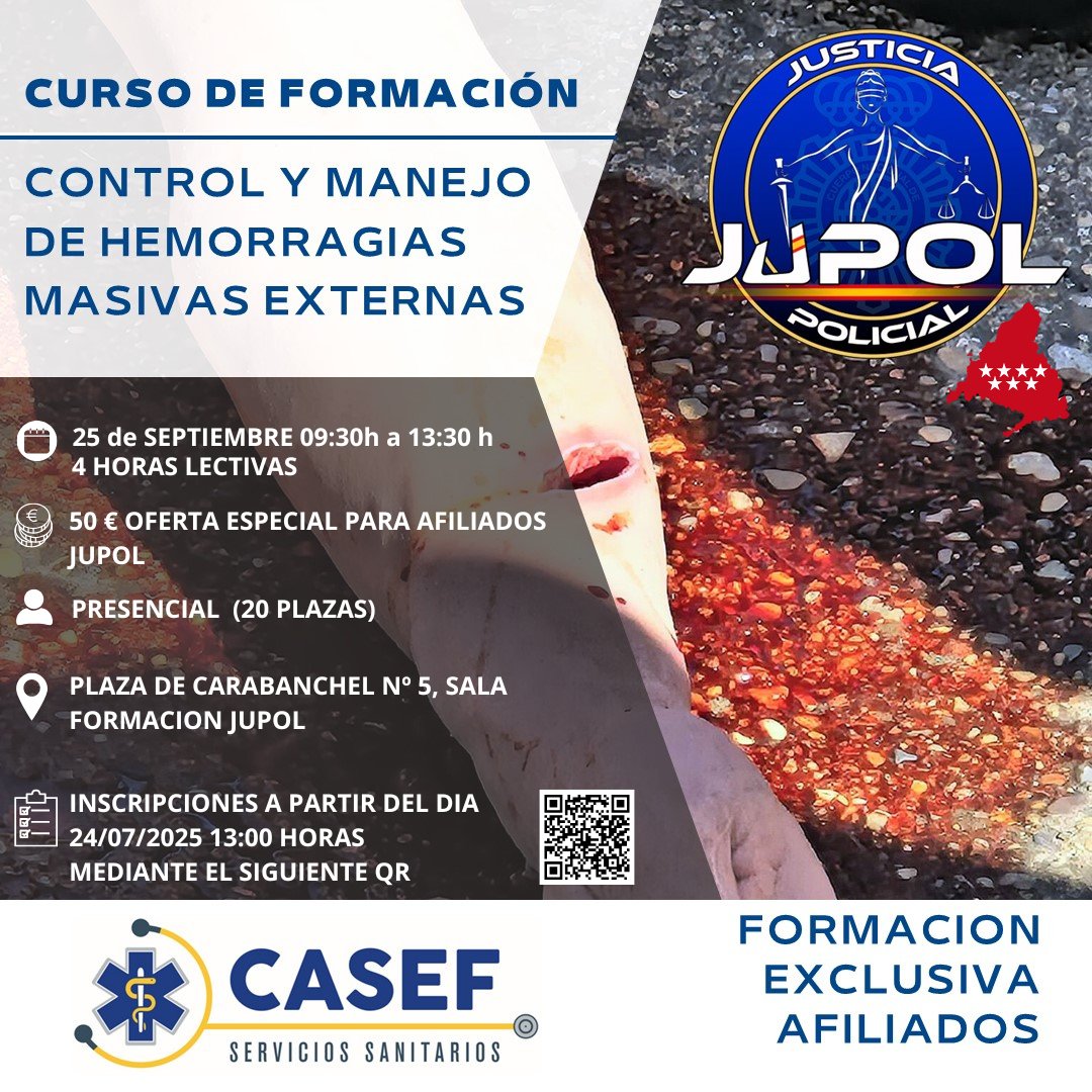 📚 Inscripciones HOY A LAS 13:00 H, ¡No te quedes sin plaza!

🩸 CONTROL Y MANEJO DE HEMORRAGIAS MASIVAS EXTERNAS

📅 25 SEPTIEMBRE | 🕘 09:30-13:30h

📍 Sala Formación JUPOL, Carabanchel

👥 Presencial | 20 plazas | 💶 50€

🔗 Inscríbete  mediante QR o:
 f.mtr.cool/vuvkknfrmg