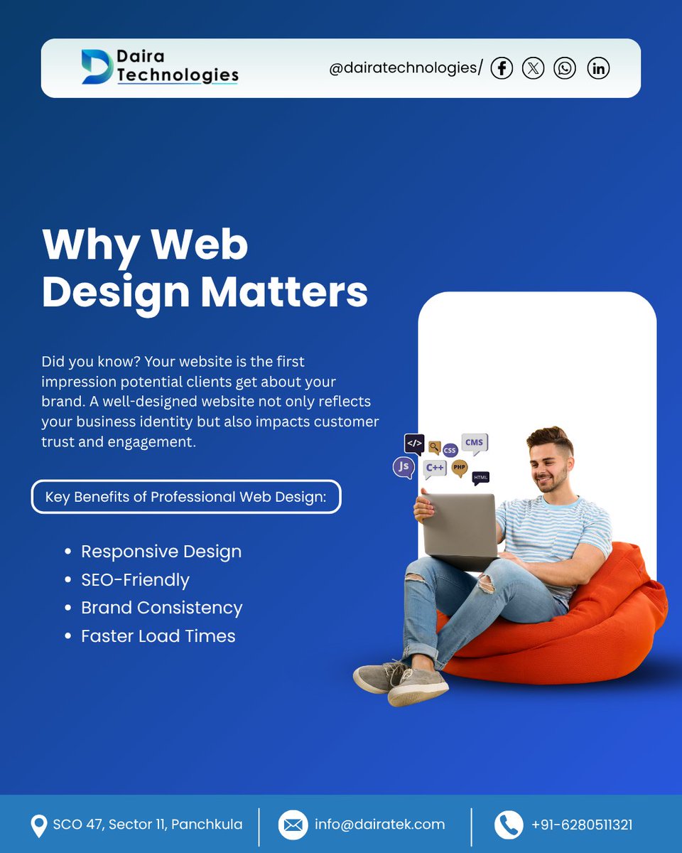 DairaTechnolog1's tweet image. Your website is your brand’s first impression — make it count! Great web design builds trust, boosts engagement, and drives results. 

#webdesignmatters
#userexperience
#webdevelopment
#responsivewebdesign
#uxdesign
#digitalpresence
#websitegoals
