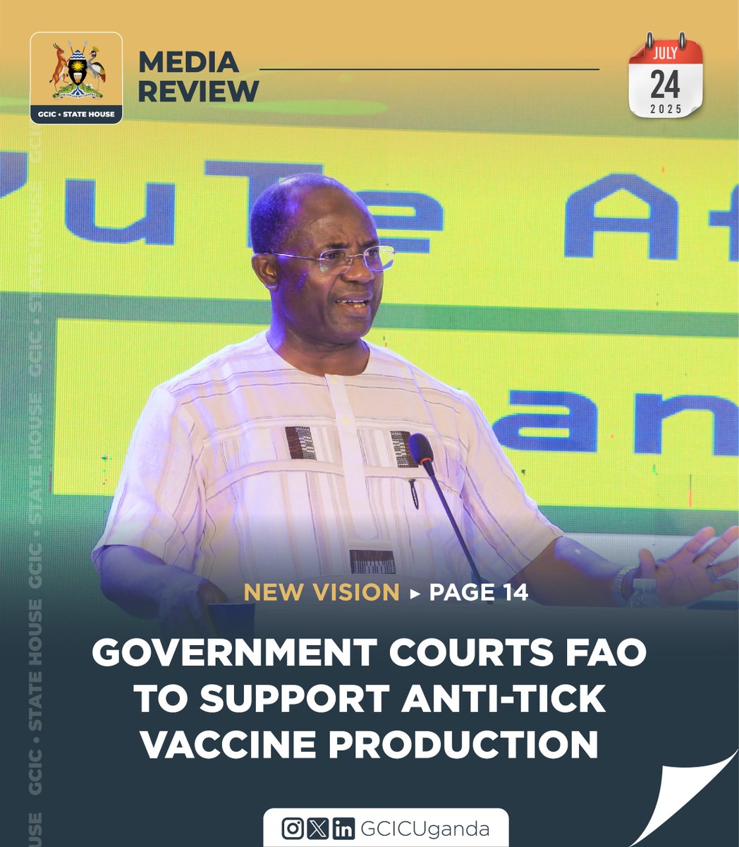 GCICMediaReview's tweet image. State Minister for Agriculture, Hon. Fred Bwino Kyakulaga, has urged the Food and Agriculture Organisation to support efforts in identifying investors to commercialise Uganda’s innovations, including the locally developed anti-tick vaccines.
#GCICMediaReview