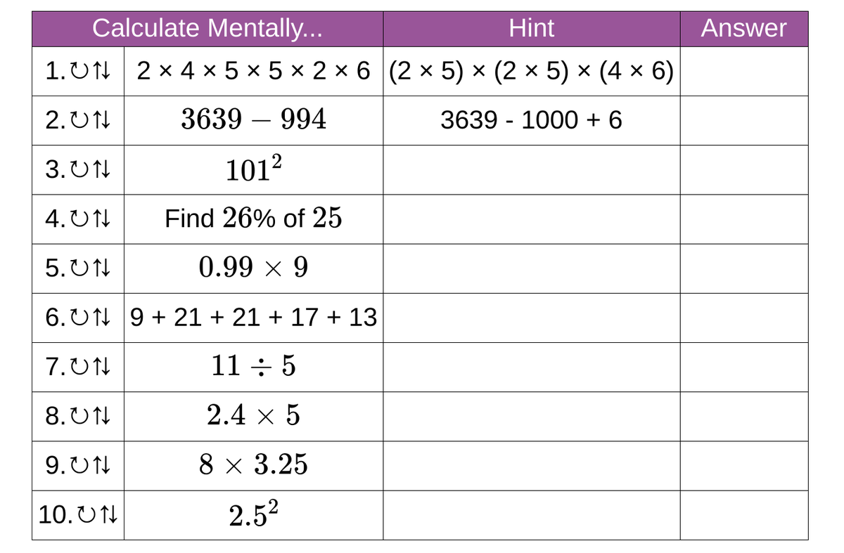 StudyMaths's tweet photo. Can you answer these in your head?

The hints column is there to point you towards an efficient strategy for each question.

https://t.co/TAZsVBfrTK https://t.co/eByk22LJ5a
