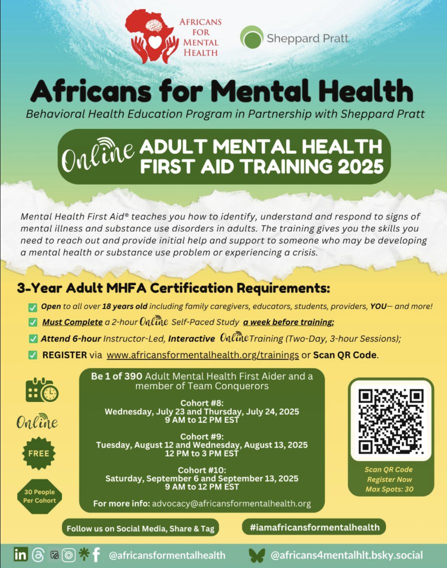 MTumushime's tweet image. Africans for Mental Health trains community members to become certified Adult Mental Health First Aiders.   

Dates: 
Cohort #8: 23-24 Jul   
Cohort #9: 12-13 Aug   
Cohort #11: 7-8 Oct   

Register: lnkd.in/ekyepYYz

#MentalHealth #MentalHealthMatters