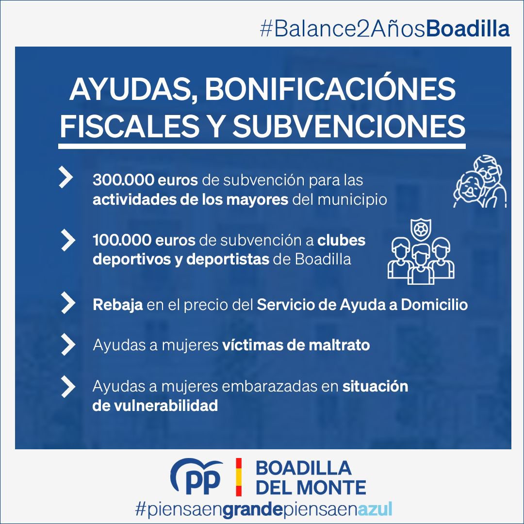 ✅ BALANCE AYUDAS, BONIFICACIONES FISCALES Y SUBVENCIONES| #Balance2AñosBoadilla

En estos dos años de gestión, hemos reforzado nuestro compromiso con los vecinos a través de importantes ayudas sociales, bonificaciones fiscales y subvenciones.
