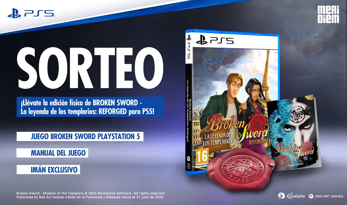 ¡SORTEO!🍀La renovada aventura gráfica BROKEN SWORD - La leyenda de los templarios: REFORGED, llega en físico a #PS5. ¡Sorteamos 1 juego + imán!
✅Sigue <a href="/PlayStationES/">PlayStation España</a> y <a href="/MeridiemGames/">Meridiem</a>
📲Repostea y dinos con #BrokenSword si en tu 1ª vuelta lo jugarás en Modo Tradicional o
