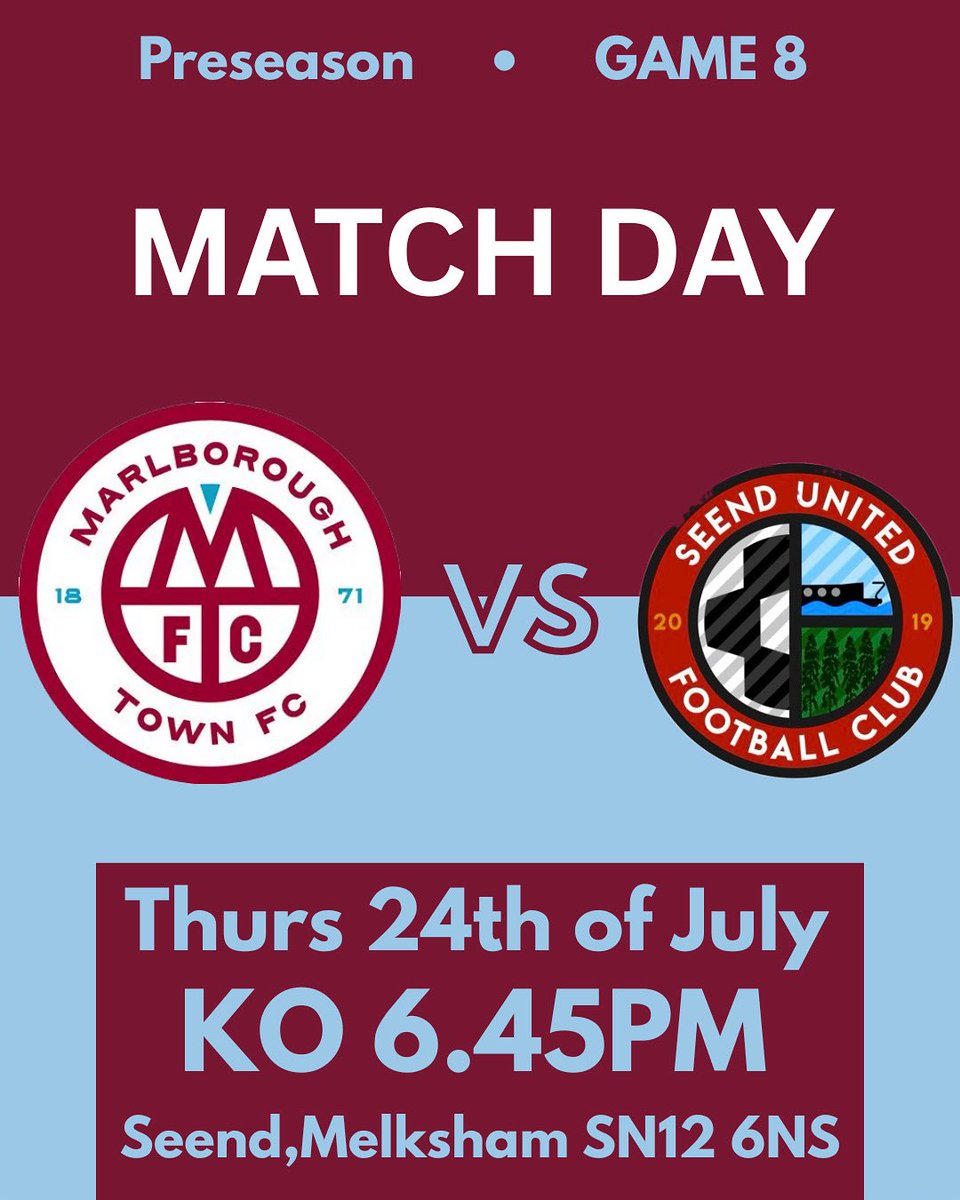⚽ MATCHDAY!

We travel to Seend tonight for our penultimate preseason clash 🔥

💪 Confidence is high after a strong 3-1 win vs Calne Reserves on Tuesday!

🆚 Seend
🕡 KO 6:45PM
📍 Seend Playing Fields, SN12 6NS

Let’s keep the momentum going! 👊
#MarlboroughFirsts #PreSeason