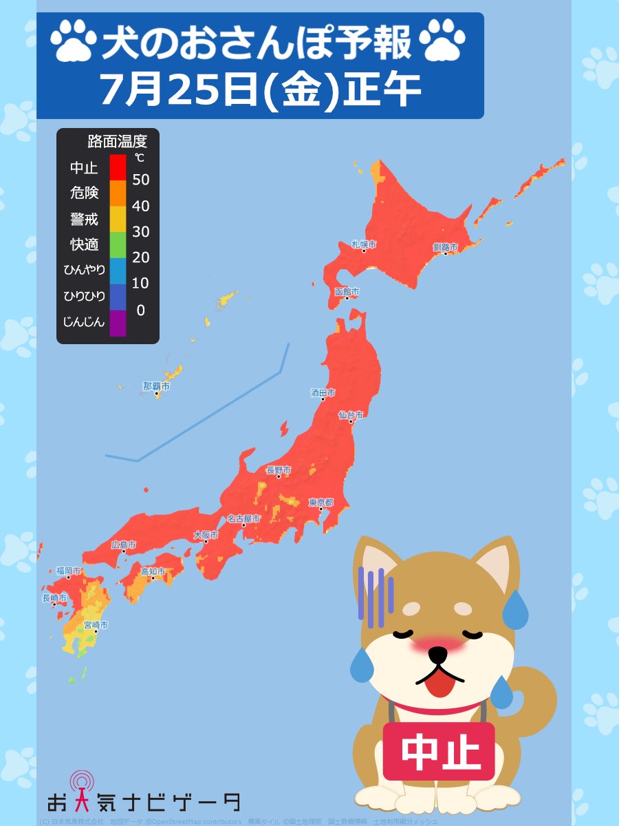 osanpo_inu's tweet photo. ╭━━━╮
    あすの
╰━ｖ━╯
🌡犬のおさんぽ予報です🐶

あすも体温を超えるような
猛暑が続きます🥵
��然的に路面温度も高くなるため
お昼頃は日本中が真っ赤に染まり、
#おさんぽ中止 エリアです🚨
愛犬のために #おさんぽ は早朝か、
日が完全に暮れてからにしてくださいね🐾
おさんぽ前に熱くないかのチェックもお忘れなく✅

🐶#犬のおさんぽ予報
https://t.co/xmzQu1MBSX
#肉球を守ろう2025
