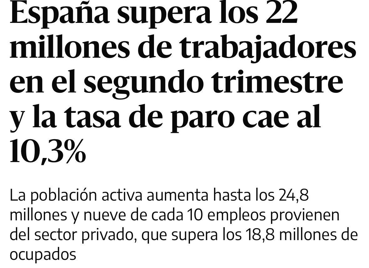 Superamos los 22 millones de personas trabajando y el paro cae a mínimos de 2007. Ha sido con más SMI y más derechos laborales. 

Frente al PP de Feijóo del 'todo mal': cifras reales. Ahora urge mejorar salarios y acabar con la precariedad. El trabajo no está acabado.