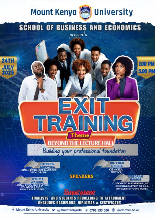 MountKenyaUni's tweet image. Exit Training Invitation – 24th July 2025, Venue: Mwai Kibaki Convention Centre
We invite all graduands, finalists, and students proceeding for attachment to attend the upcoming Exit Training under the theme:
"Beyond the Lecture Hall: Building Your Professional Foundation"
This…
