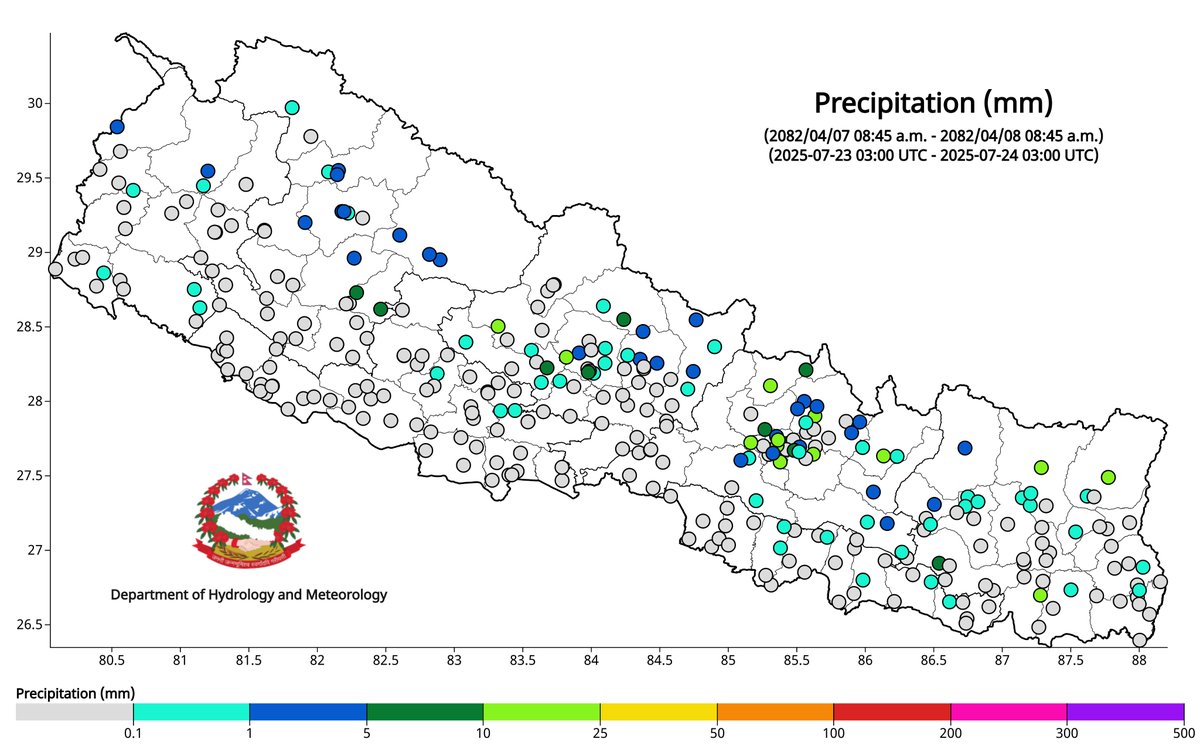 ClimateDhm's tweet image. #Daily_Weather_Summary_24th_July_2025
The highest daily precipitation (20.4mm) is recorded at Godavari (Lalitpur) today. The highest temperature (38.4°C) is recorded at Tarahara (Sunsari) and the lowest (9.0°C) at Humde (Manang). For more, visit dhm.gov.np/climate-