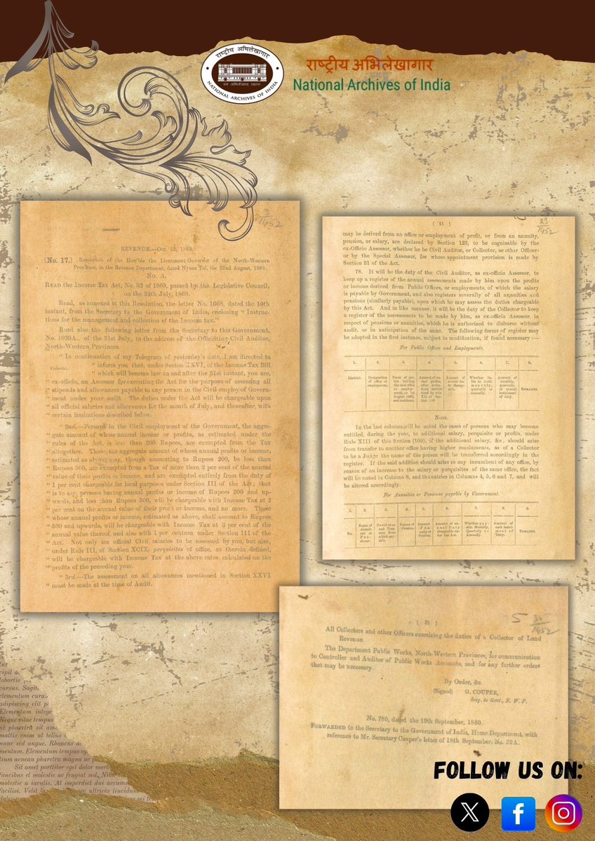 IN_Archives's tweet image. Income Tax Day 2025 🧾
Observed on 24 July, this day marks the introduction of income tax in India in 1860.
📜#NAI presents excerpts from a 22 Aug 1860 resolution analyzing the Income Tax Act No. 32 offering an analysis.
- Home, Revenue, 1860, Fn.No. 17-19