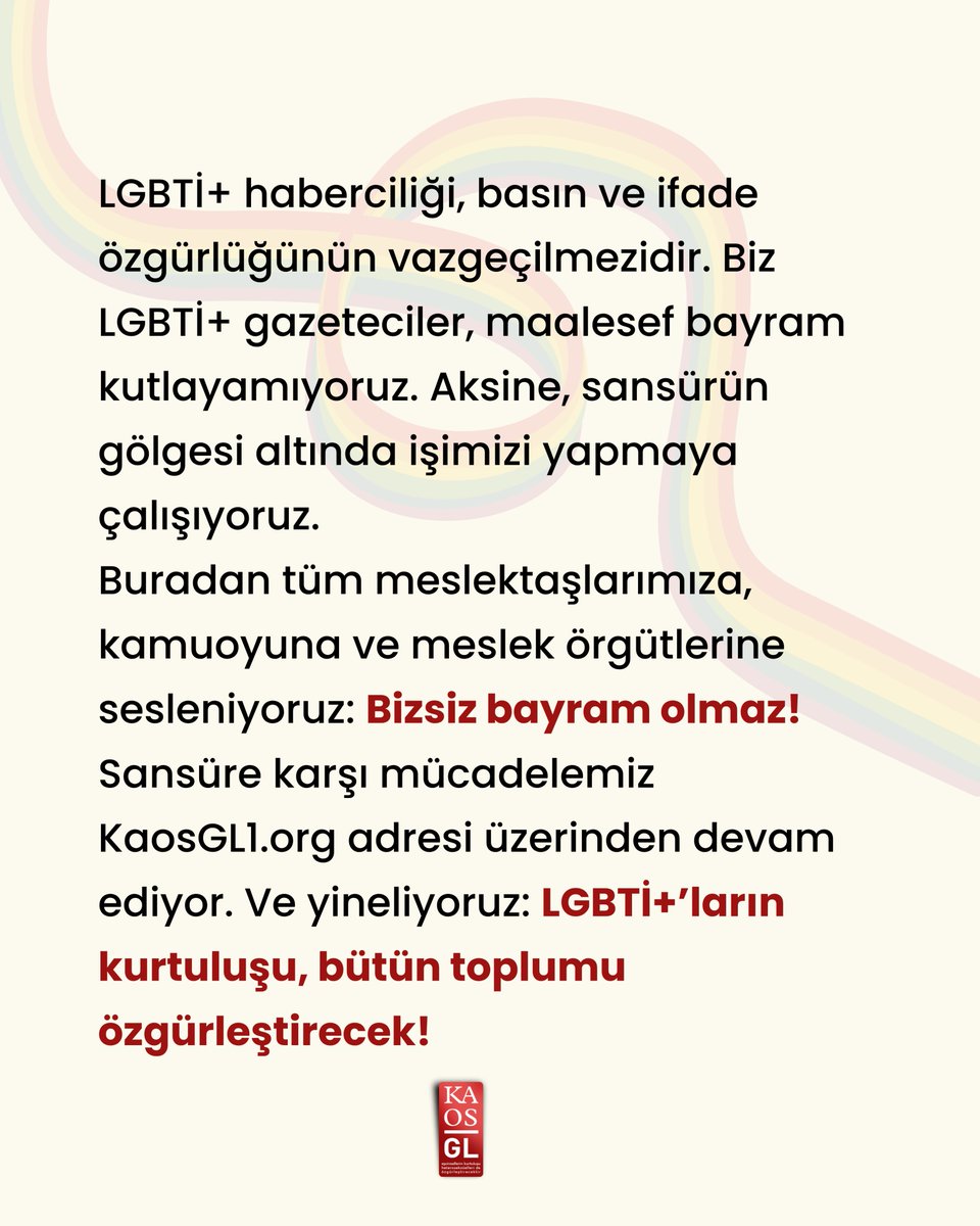 KaosGL's tweet image. Bugün, Basın Özgürlüğü İçin Mücadele Günü. 24 Temmuz 1908’de gazeteler sansür memurlarını içeriye sokmadı. 117 yıl sonra sansür, erişim engeli kararlarıyla devam ediyor.
“Bayram” denilen bu günde, KaosGL.org internet gazetemiz ve X hesaplarımız sansürlü. LGBTİ+ Onur…