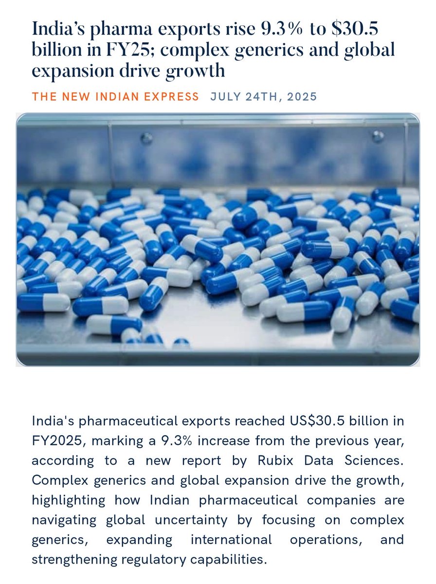 India’s pharma exports rise 9.3% to $30.5 billion in FY25; complex generics and global expansion drive growth
newindianexpress.com/business/2025/… 

via NaMo App