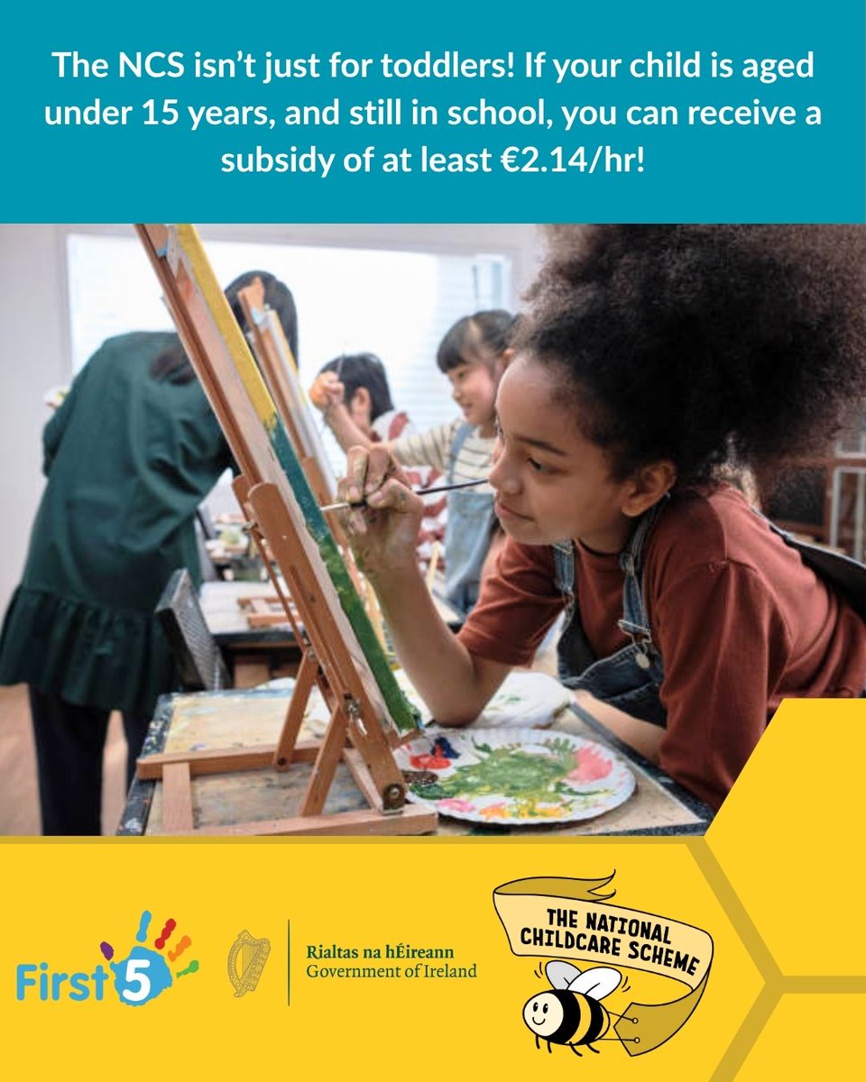 The #NCS isn’t just for toddlers! If your child is aged under 15 years, and still in school, you can receive a subsidy of at least €2.14/hr! That can be used to cover after-school, breakfast clubs – or even childminders! Don’t miss out – apply today via ncs.gov.ie!
