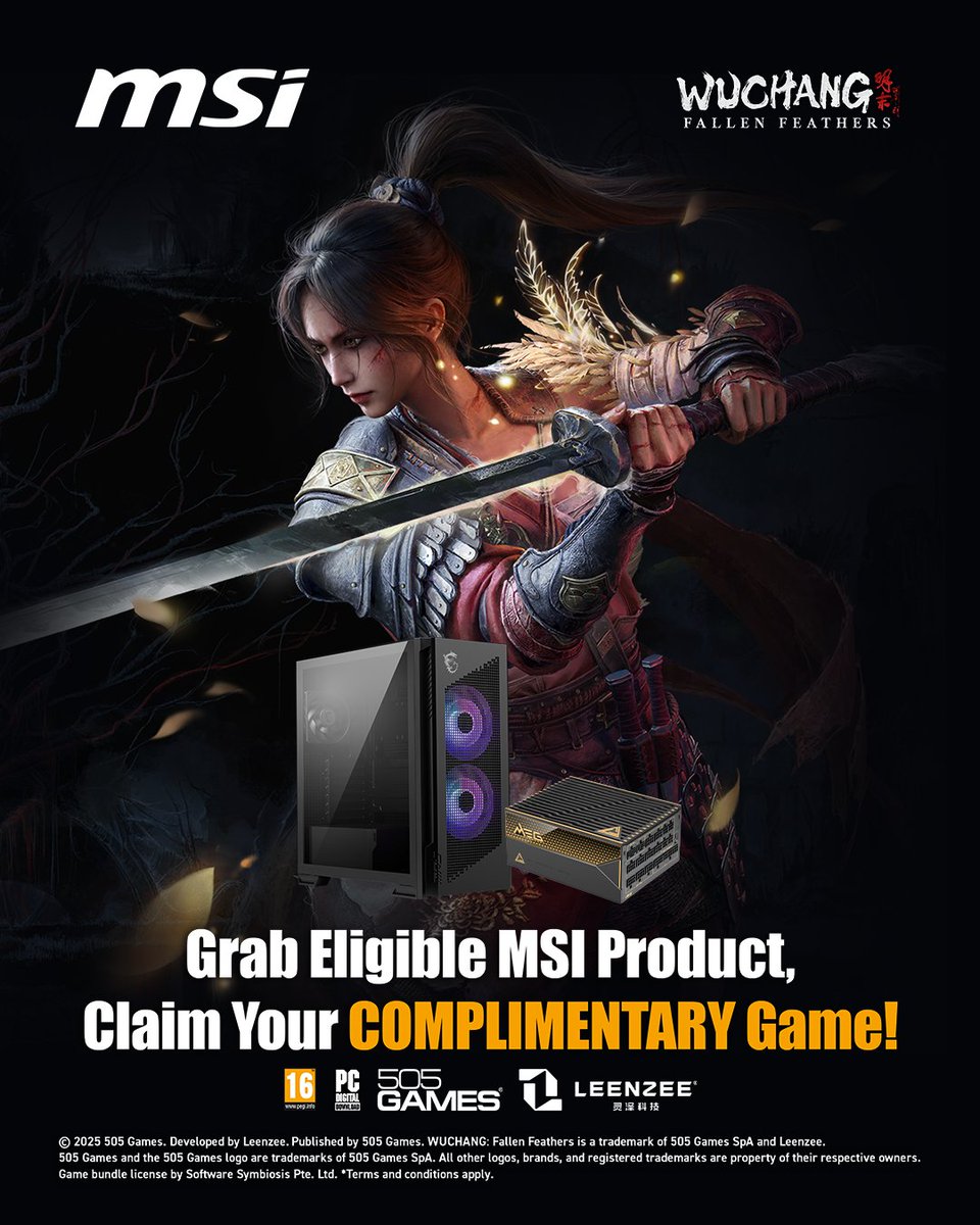 awdit's tweet image. Sharpen your build and your reflexes.
Buy selected @MSI__UK PC cases or power supplies between July 10th and August 10th, and claim your free copy of Wuchang: Fallen Feathers — a fierce martial arts brawler that’s as sharp as your new rig.
Here’s how to get your hands on it:…