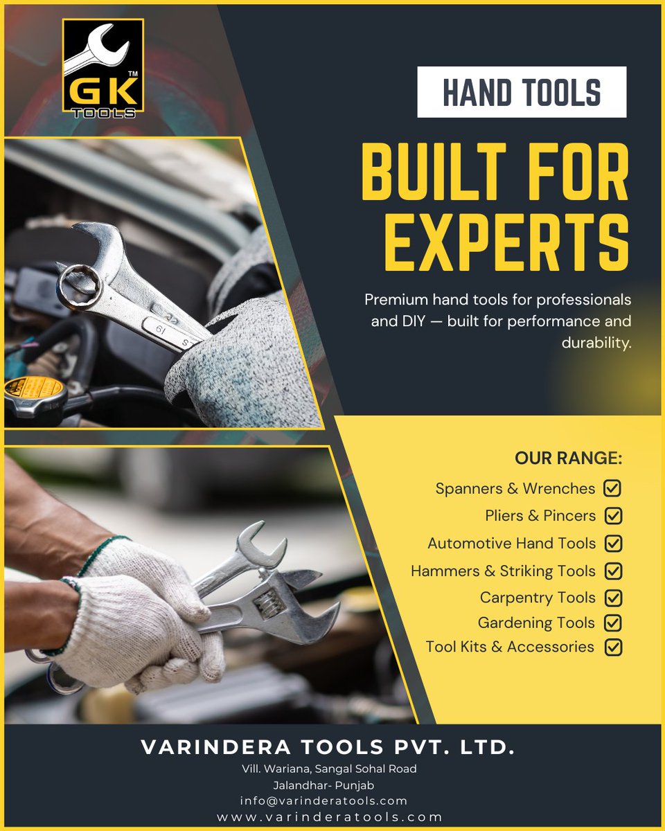 Varindera_Tools's tweet image. 🔧 Best Hand Tools in India – Trusted by Pros
From spanners to tool kits, we manufacture &amp;amp; export durable, precision-built hand tools since 1984.
✅ Bulk Orders
✅ Custom Branding
🌐 varinderatools.com
📧 info@varinderatools.com

#VarinderaTools #HandTools #MadeInIndia