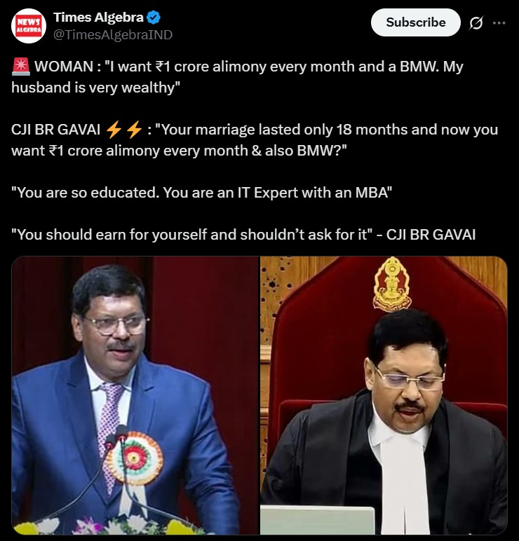 CJI rebukes woman seeking ₹1 crore alimony &amp; BMW: “You should earn yourself