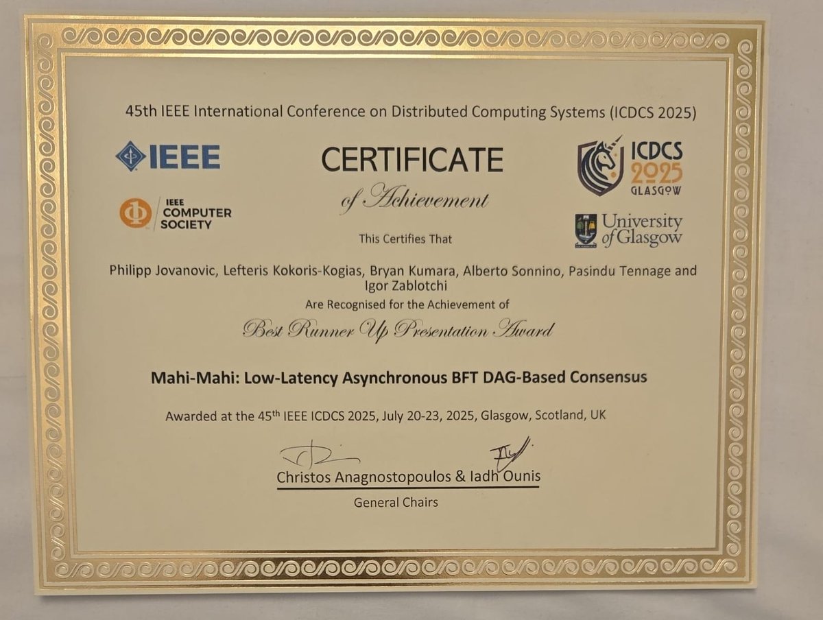 Big congrats to <a href="/PasinduTennage/">Pasindu Tennage</a> and Bryan Kumara for their amazing presentation of Mahi Mahi <a href="/ICDCS2025/">IEEE ICDCS 2025</a>. What a way to start (Bryan) and finish (Pasindu) your PhD trips!