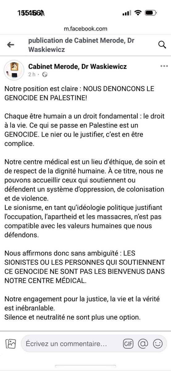Bob_Hasbara's tweet image. 🚨 SIGNALEMENT 🚨Discrimination flagrante dans un cabinet médical à Bruxelles.
Le Dr Kamil Waskiewicz et le Cabinet de Merode situé à Etterbeek (Bruxelles) ont publié sur Facebook :
« Les sionistes ou les personnes qui soutiennent ce génocide ne sont pas les bienvenus dans…