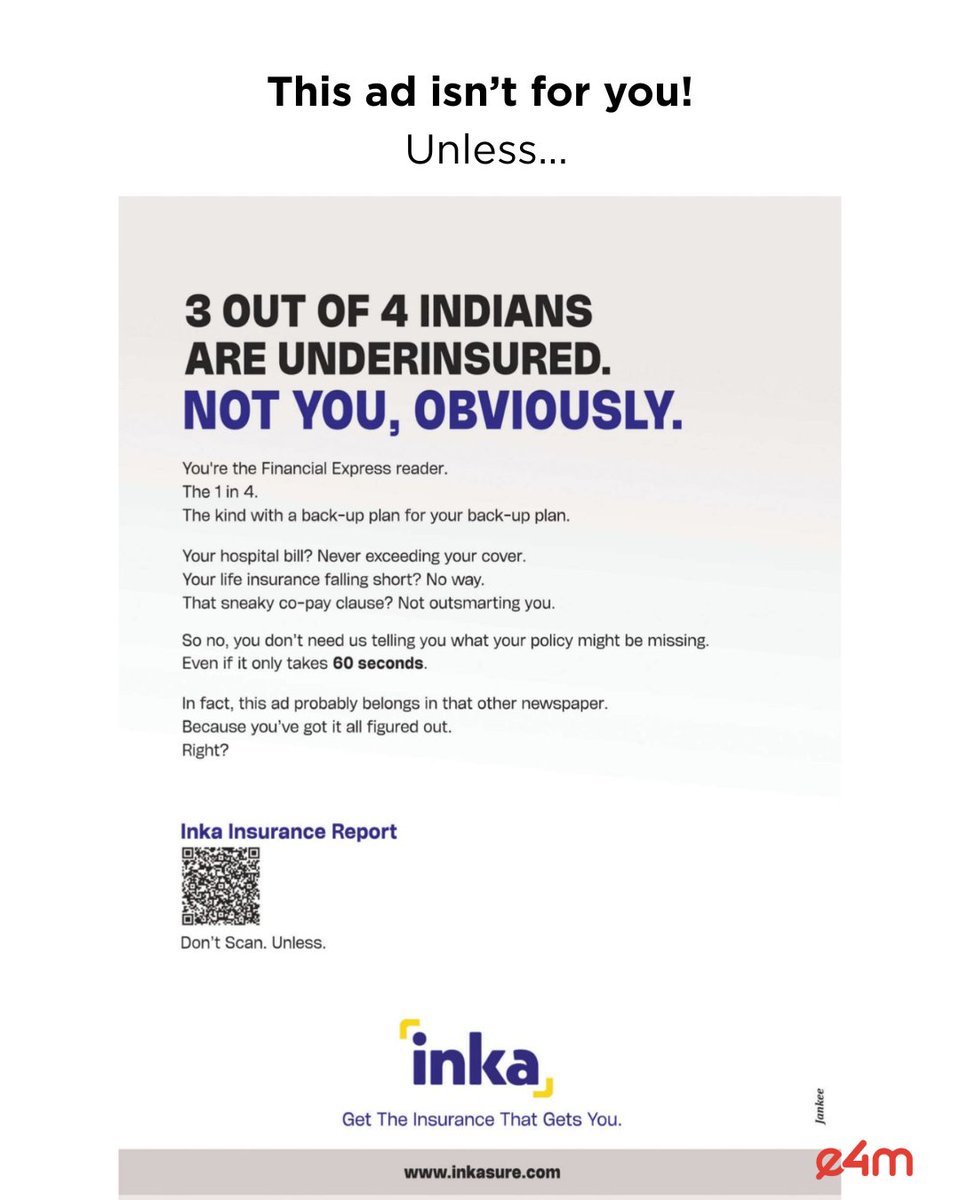 e4mtweets's tweet image. Jodhpur-based @inkainsurance's print ad in Financial Express uses reverse psychology to subtly mock rival newspapers 🗞️—and instantly grabs the reader’s attention 👀.

#InkaInsurance #SmartAdvertising #ReversePsychology #PrintAd #Marketing #e4m