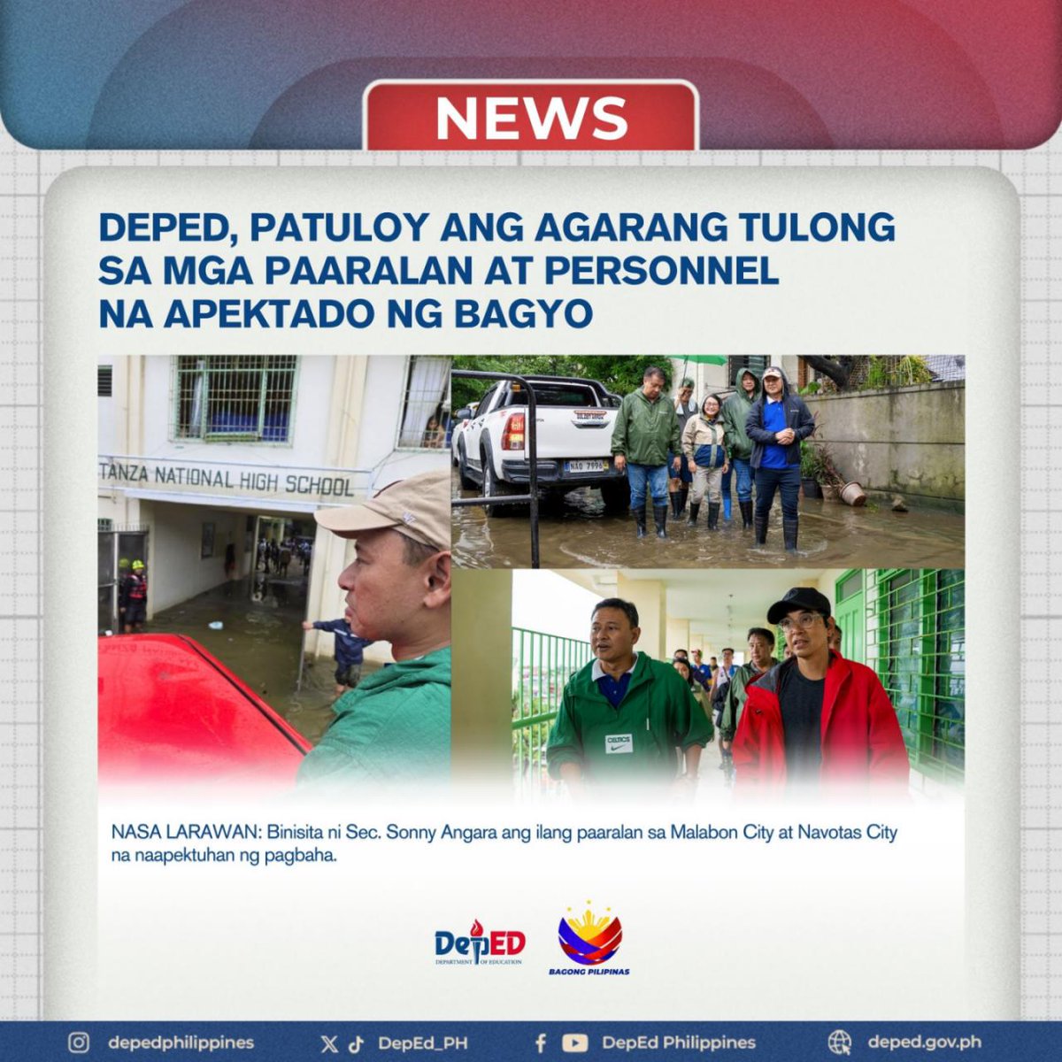 Tiniyak ni Education Secretary Sonny Angara ang agarang suporta para sa mga guro at paaralang naapektuhan ng sunod-sunod na bagyo at pagbaha, kasunod ng epekto ng Tropical Depression Dante, Tropical Storm Emong, at Habagat sa maraming lugar sa bansa.

Binilin naman ni Pangulong