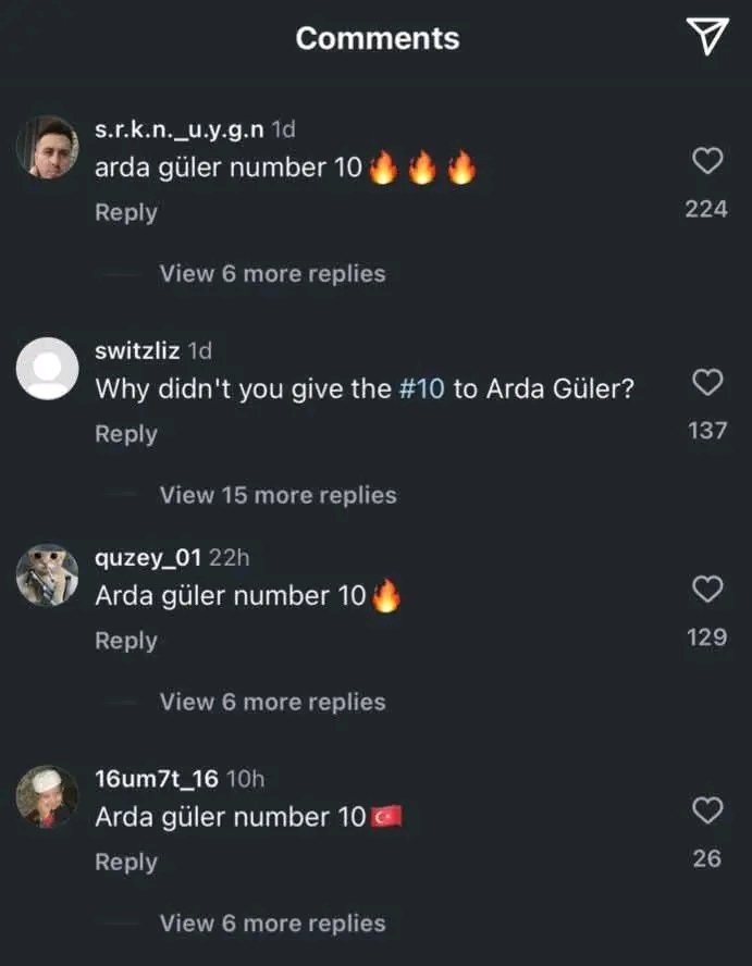 The latest Instagram post by Kylian #Mbappe is being overloaded with Turkish fans requesting the number 10 for #ArdaGüler.