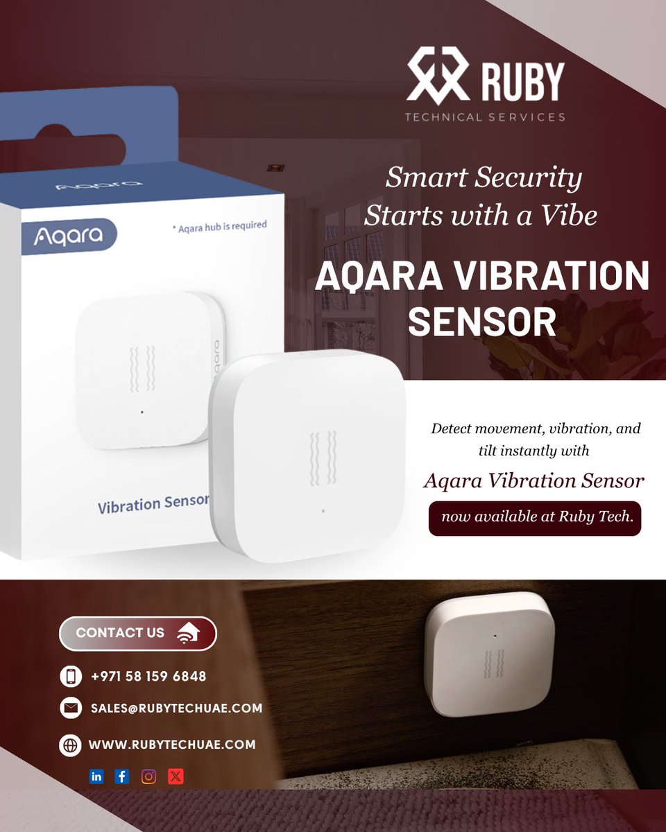rubytechuae's tweet image. Smart security starts with a vibe! 🔐
Introducing the Aqara Vibration Sensor – Detects motion, vibration & tilt instantly.
Now available at Ruby Tech UAE.
📞 +971 58 159 6848
👉 rubytechuae.com
#RubyTech #SmartHome #AqaraSensor #UAE #HomeSecurity