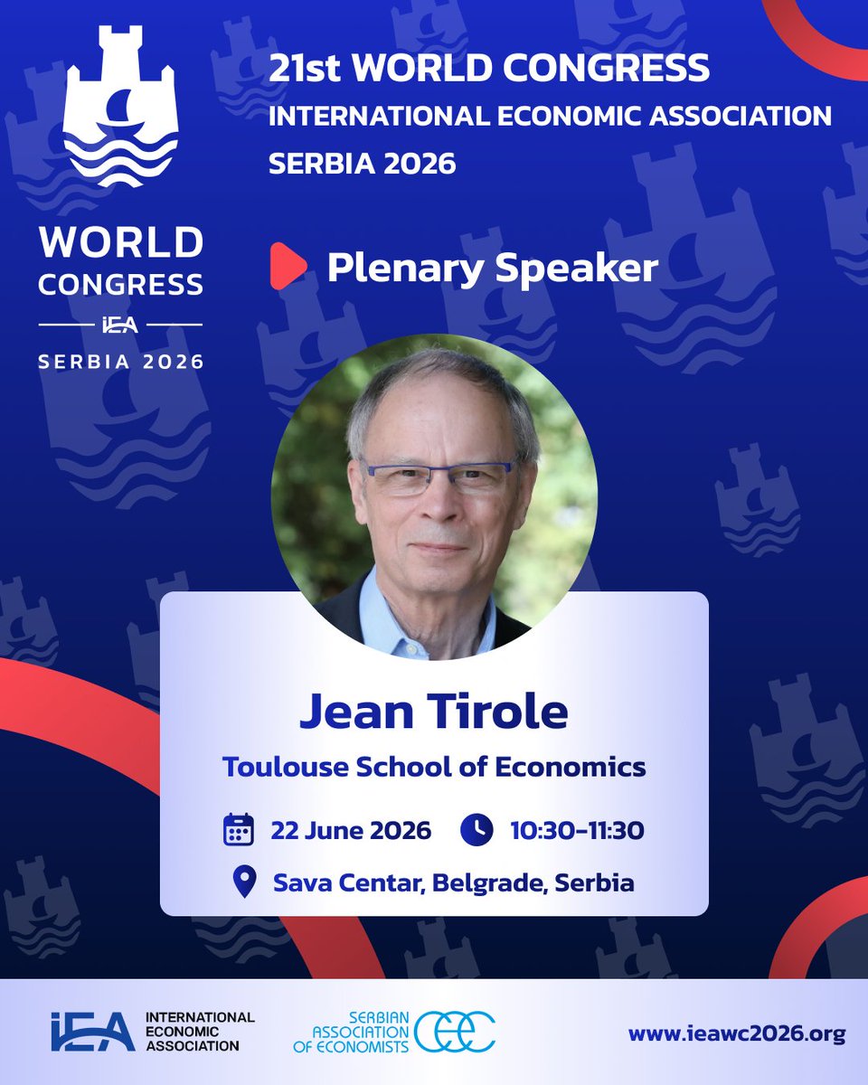 Nobel Laureate Jean Tirole (Toulouse School of Economics) will deliver a plenary lecture at the 21st World Congress of the IEA.

📍 Sava Centar, Belgrade, Serbia

🗓️ 22 June 2026 | 🕥 10:30–11:30

More about the IEA 2026 World Congress: ieawc2026.org