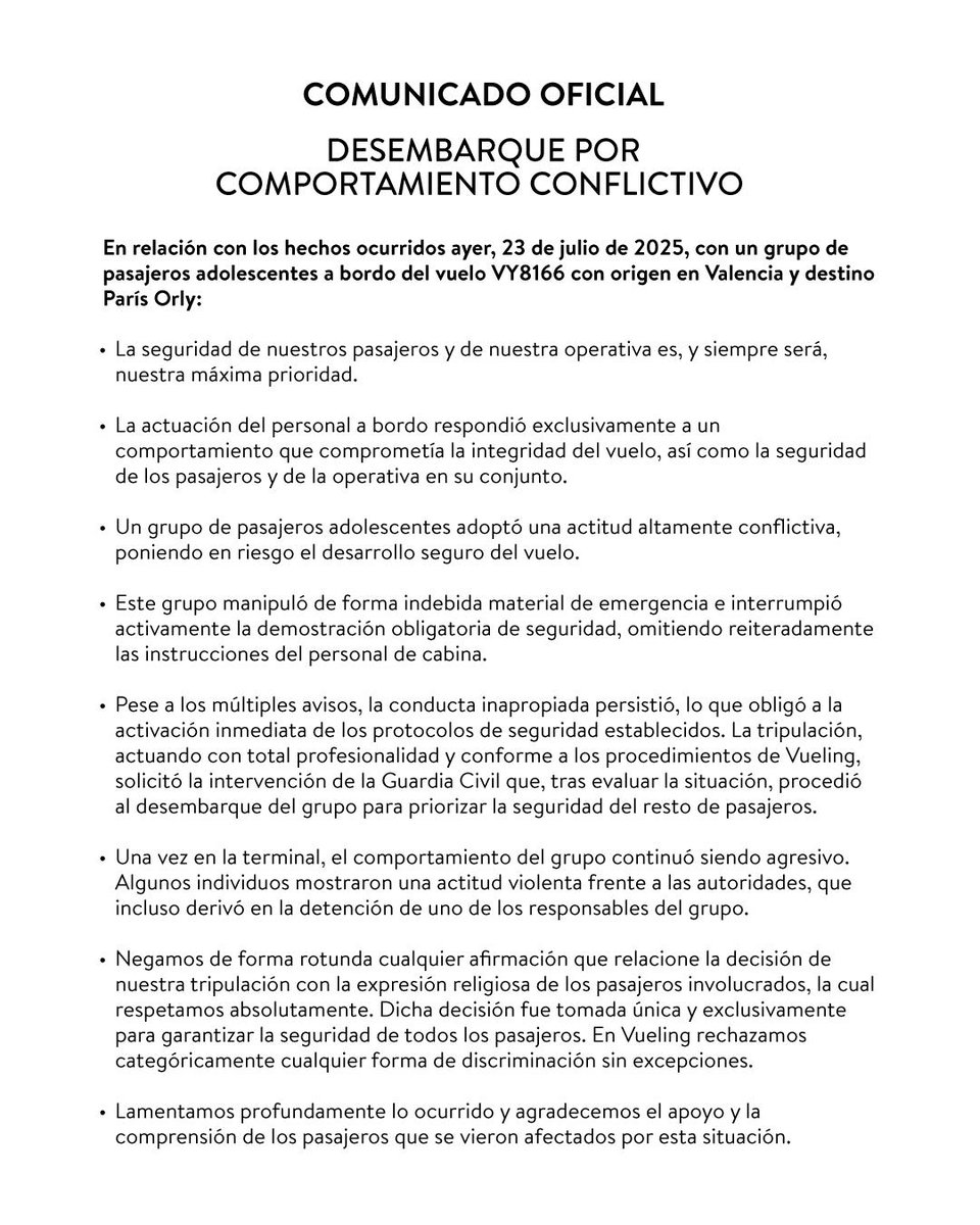 Comunicado de Vueling en relación con el desembarque por comportamiento conflictivo en el vuelo VY8166