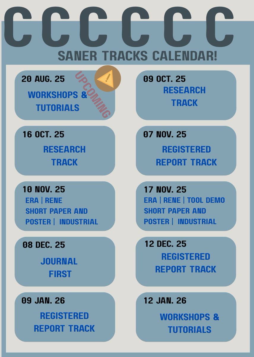 📅 Sync Your Calendars with SANER 2026!
Don't miss your chance to be part of  SANER 2026! Submission deadlines are coming fast across multiple tracks. 
🚨 UPCOMING!
🔹 20 August 2025 — Workshop &amp; Tutorial Proposals Due
📆Mark all key dates so you won't miss your track!