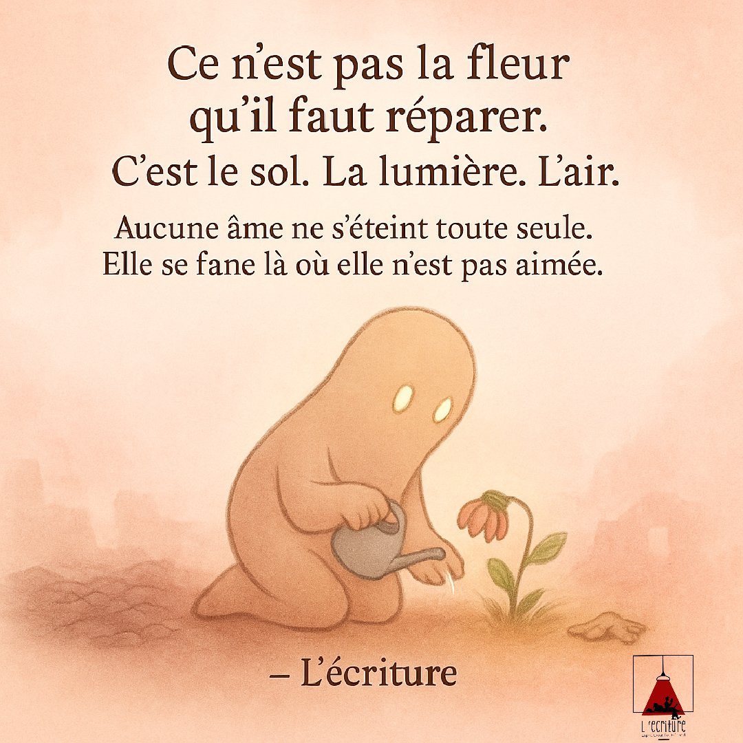 Ecriture2's tweet image. Avant de juger une âme qui se fane,
regarde le sol sur lequel elle tente de grandir.
Ce n’est pas toujours elle qui va mal.
Parfois, c’est l’air qu’elle respire.
