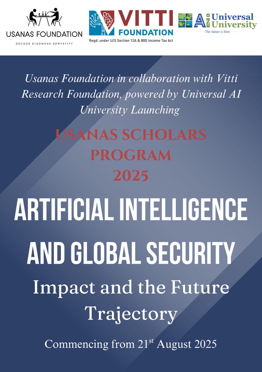 UsanasF's tweet image. 📣Revised Dates!
#AI is rewiring the world one algorithm at a time!
Join the Usanas Scholars Program on #artificialintellegence and #global #security commencing now on 21st August.
Register Now:
usanasfoundation.com/usanas-scholar…
#DataScience #technology #MachineLearning #intelligence