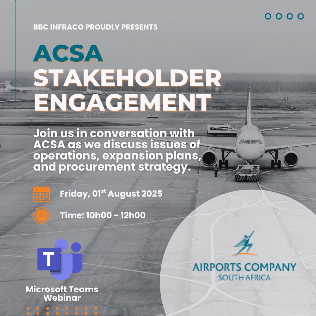 ✈️ BBC INFRACO x ACSA Stakeholder Engagement Webinar

Join the conversation with Airports Company South Africa (ACSA) as we unpack key topics.

🗓️ Date: Friday, 01 August 2025
⏰ Time: 10:00 – 12:00
📍 Platform: Microsoft Teams

👉 Register now:

teams.microsoft.com/l/meetup-join/…