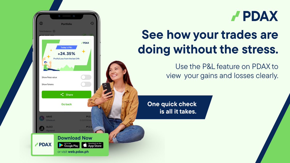 pdaxph's tweet image. How are your trades doing? 📲📈
With P&L tracking on PDAX, you can view your gains and losses clearly and calmly.
Observe your P&L and make #YourNextMoneyMove today!