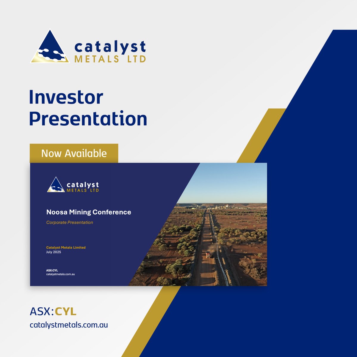 #ASXNews

$CYL.AX is pleased to share its latest presentation for the Noosa Mining Investor Conference this week.

View Presentation: loom.ly/c-tXMa0

#CatalystMetals #CYL #ASX