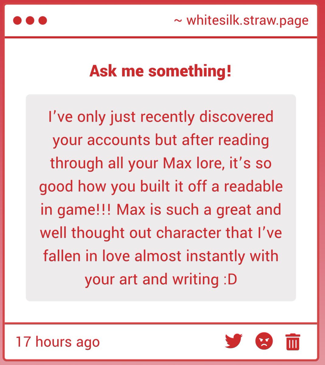 your_whitesilk's tweet image. Thank you 😭 I really appreciate it when people pay attention to my characters and details like the story being based around a readable; I consider it very important. Have a good day! ❤️