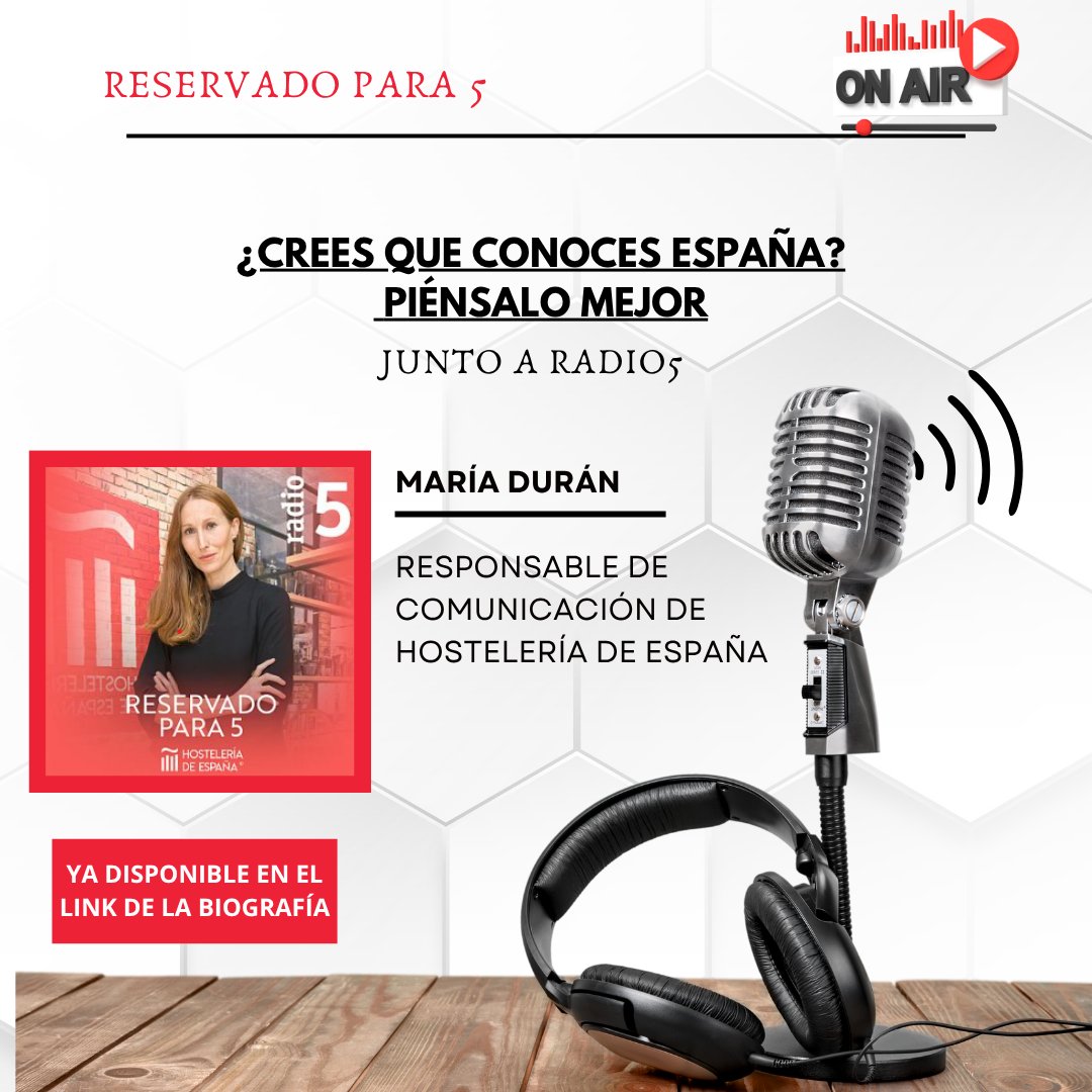Hostelería de España (@cehehosteleria) on Twitter photo 📢¿Has escuchado el último episodio de "Reservado para 5"?🎙️✨<a href="/rne/">Radio Nacional</a> <a href="/HosteleriaMad/">Hostelería Madrid</a>
Hoy a las 16:17hs un nuevo episodio por: rtve.es/play/audios/re… 📢¿Has escuchado el último episodio de "Reservado para 5"?🎙️✨<a href="/rne/">Radio Nacional</a> <a href="/HosteleriaMad/">Hostelería Madrid</a>
Hoy a las 16:17hs un nuevo episodio por: rtve.es/play/audios/re…