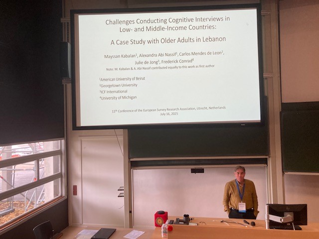 LSAHA_AUB's tweet image. 🌟 Dr Fredrick G. Conrad - LSAHA principal investigator from the University of Michigan - presented our new publication "Challenges Conducting Cognitive Interviews in Low and Middle Income Countries" at the 11th Conference of the European Survey Research Association (ESRA) 🇳🇱
