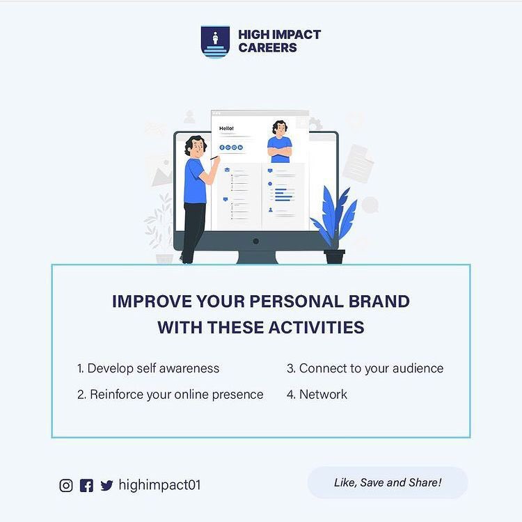 One of the key things you bring into any role/job is your uniqueness, which is a combination of your skills, attitude, values, experience and your network. Here are some activities to help you improve your personal brand. #HighImpactCareers