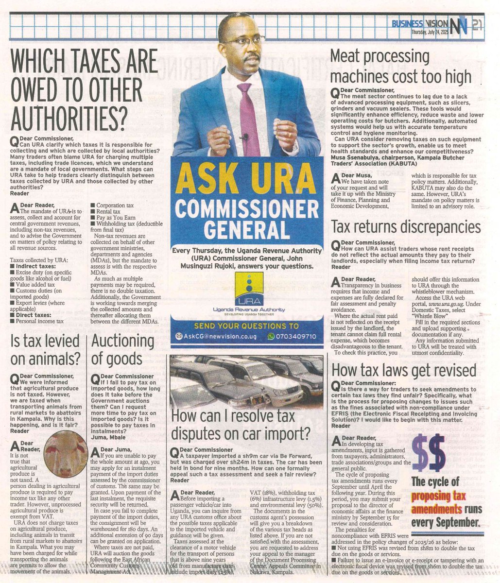 URAuganda's tweet image. Thursdays can only mean one thing, it's #AskTheCG day!
In today's @newvisionwire, John R. Musinguzi responds to many of your tax related inquiries.
Take a read!
#BuuzaKamisona
#FfeBanno