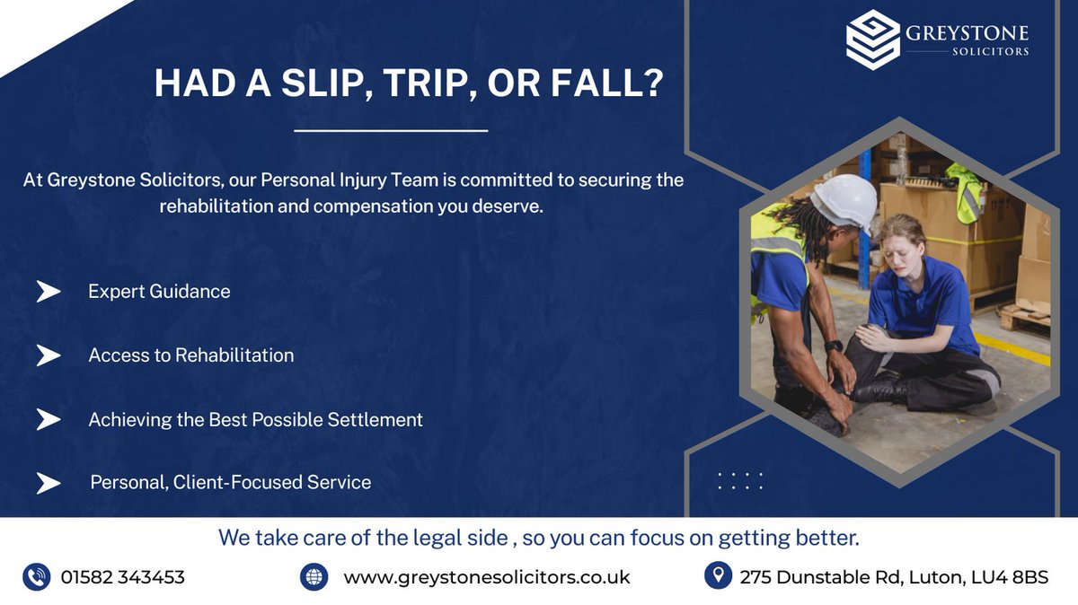 Had a Slip, Trip or Fall?

Greystone Solicitors’ Personal Injury Team is here to help you claim the rehab and compensation you deserve. 

From recovery to legal support, we’ve got your back. 

#SlipTripFall #PersonalInjury #CompensationClaim #GreystoneSolicitors