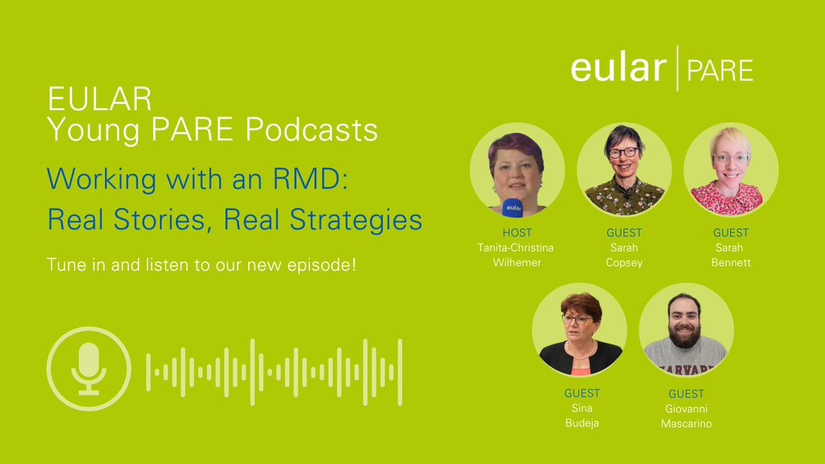 eular_org's tweet image. 🔊Listen to the #eularPARE podcast, "Working with an RMD: Real Stories, Real Strategies".
🎙️Hear inspiring guests share practical tips for managing work life while living with an RMD.
Join here:
Spotify: pulse.ly/tfypudwhm9
Apple: pulse.ly/yhbgk9jzoh
#Rheumatology
