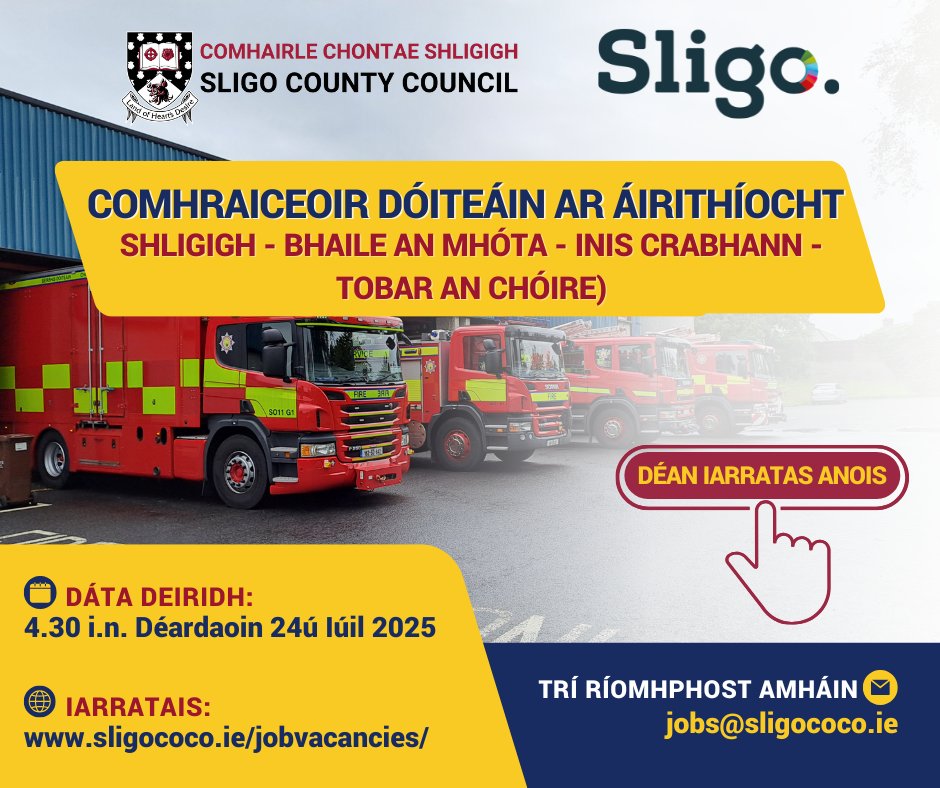 sligococo's tweet image. Iarratais do na poist seo a leanas ar fáil ag 🌐sligococo.ie/jobvacancies
➡️ Comhraiceoir Dóiteáin ar Áirithíocht
📅Dáta Deiridh: trí rphost chuig jobs@sligococo.ie ná 4.30 p.m. Déardaoin an 24ú Iúil
#JobOpportunities #JoinOurTeam #Recruitment #Firefighter