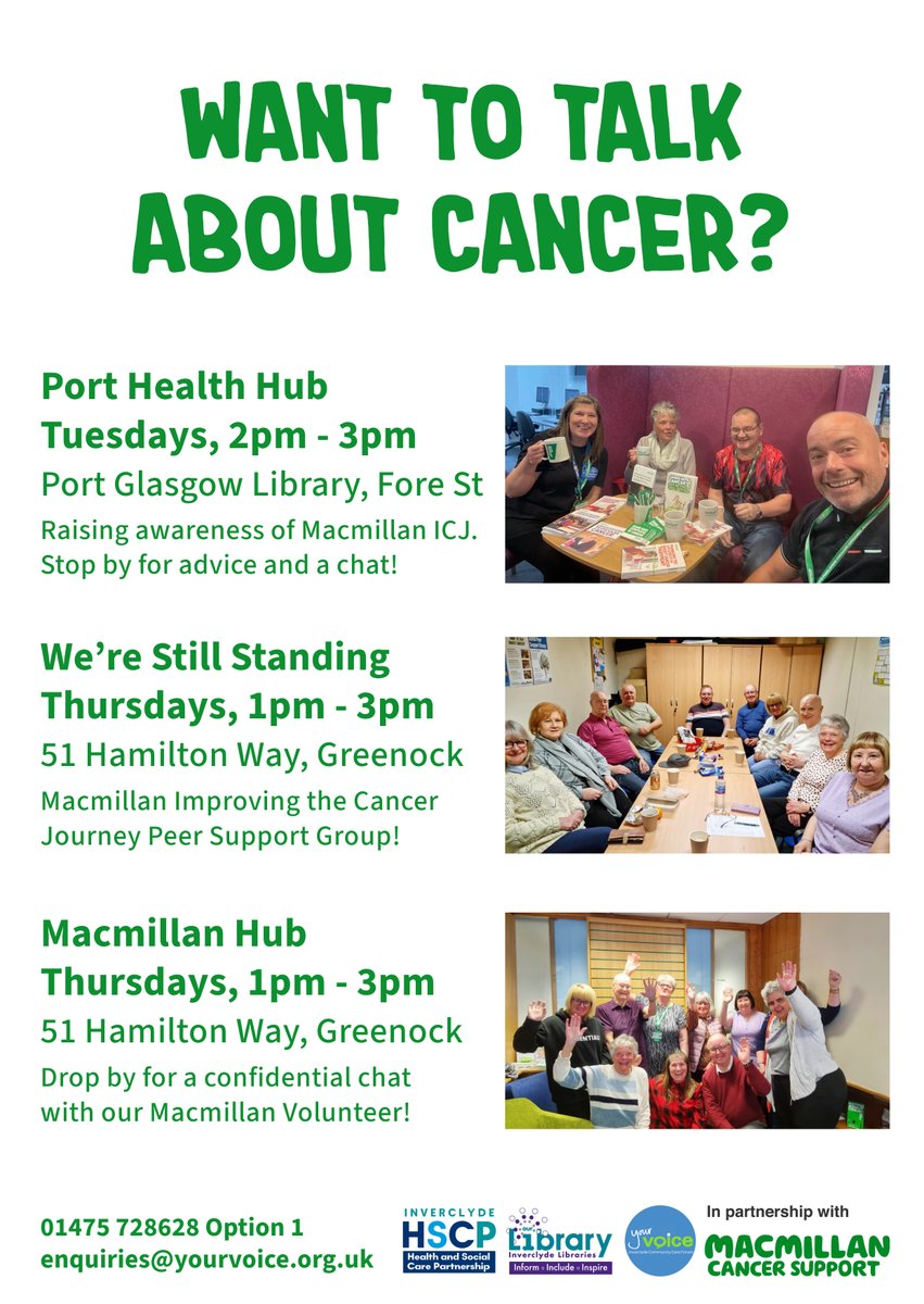 YourVoiceInver's tweet image. Want to talk about cancer? We're here for you 🙂💚
Tuesdays, 2pm - 3pm
Port Glasgow Library, Fore St
Thursdays, 1pm - 3pm
51 Hamilton Way, Greenock PA15 1RQ
yourvoice.org.uk/macmillan
#InverclydeCares #macmillan