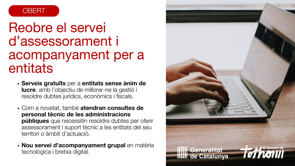 📢 Reobrim els serveis d’assessorament i acompanyament per a entitats sense ànim de lucre! 

🤝Servei gratuït amb acompanyament individual i grupal

🆕 Ara també dirigit al personal tècnic de l’administració pública

Vols saber-ne més? Entra a🔽
voluntariat.gencat.cat/es-reobren-els…