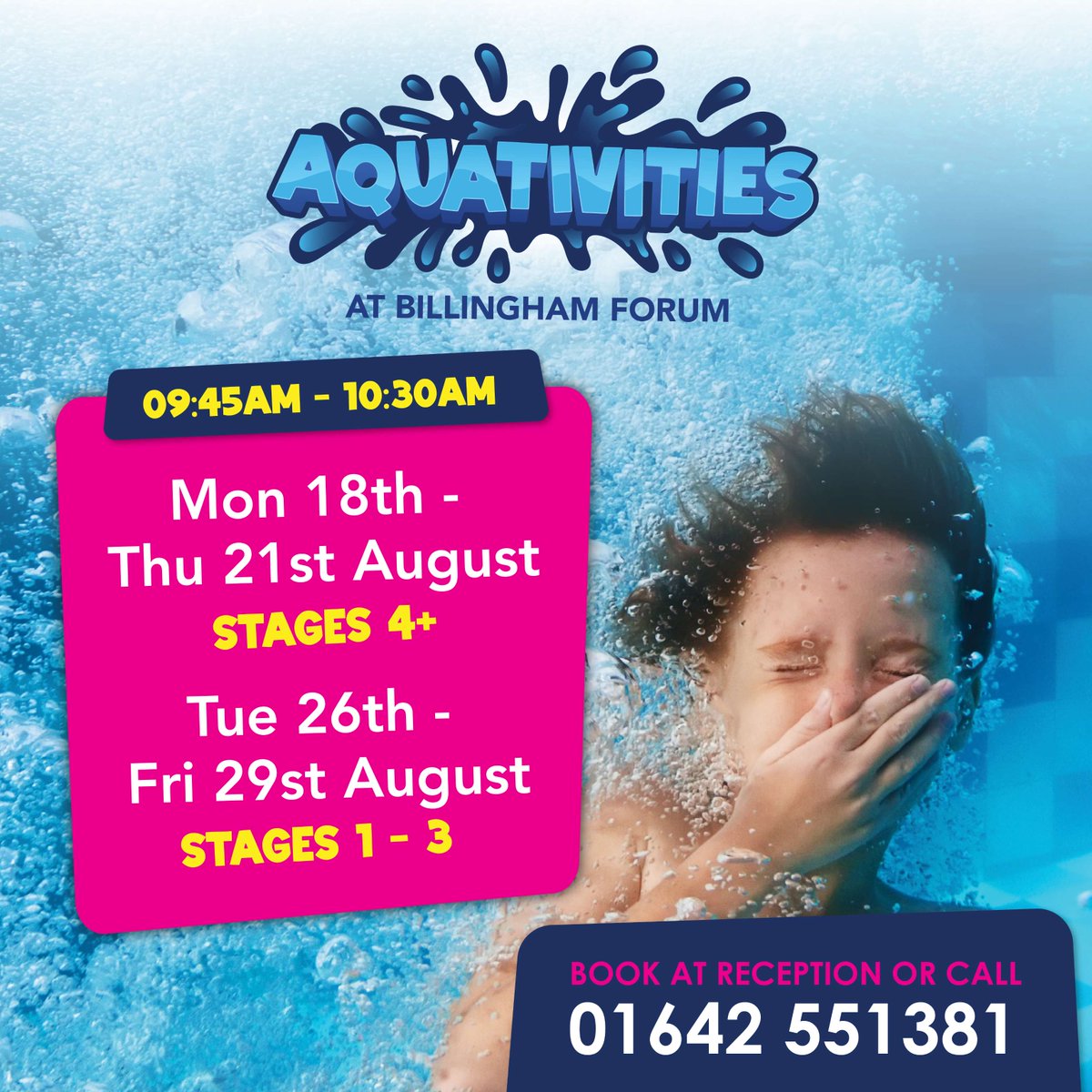 TeesActive's tweet image. Sign your child up for Summer Aquativities! ☀️💦 Fun water games to build confidence! Spaces available at 📍 IB Leisure, Stockton Splash &amp;amp; Billingham Forum. 👉 Secure your spot by visiting reception or calling 📞 Find out more: teesactive.co.uk/swimming-cours…
