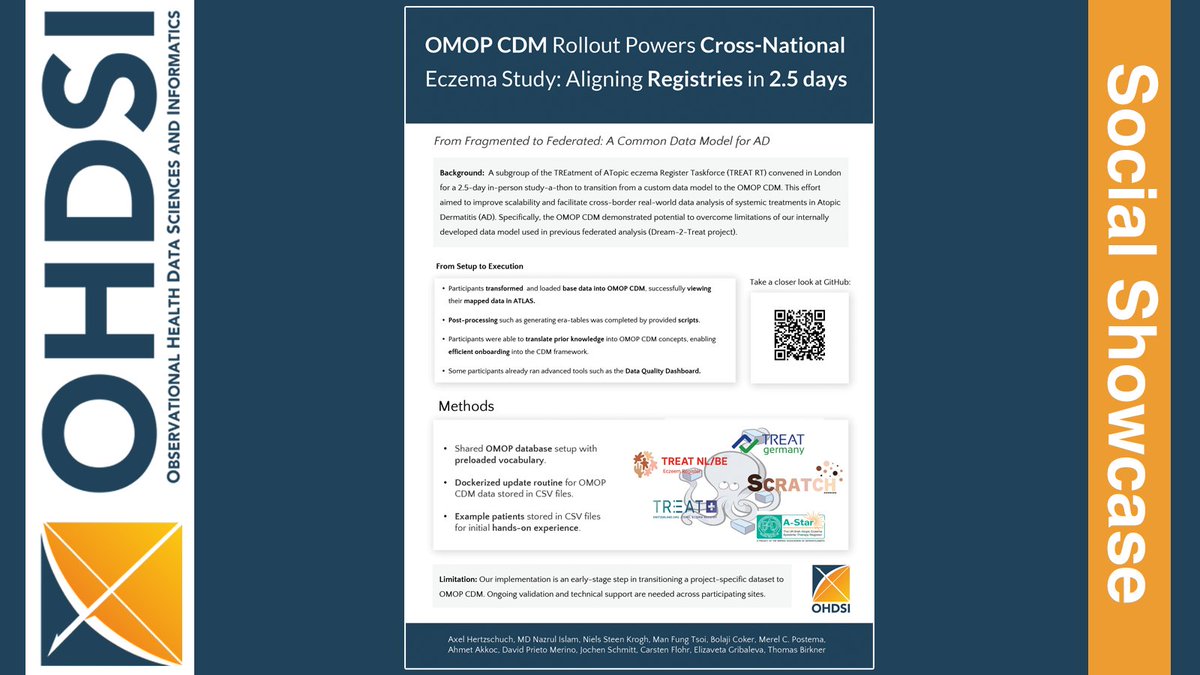 Accelerating OMOP Common Data Model Adoption for Sustainable Cross-National Atopic Dermatitis Research: Implementation Across Five European Registers #OHDSISocialShowcase #JoinTheJourney

Lead: Axel Hertzschuch
Team listed on poster below.

🔗 loom.ly/gcubzKU