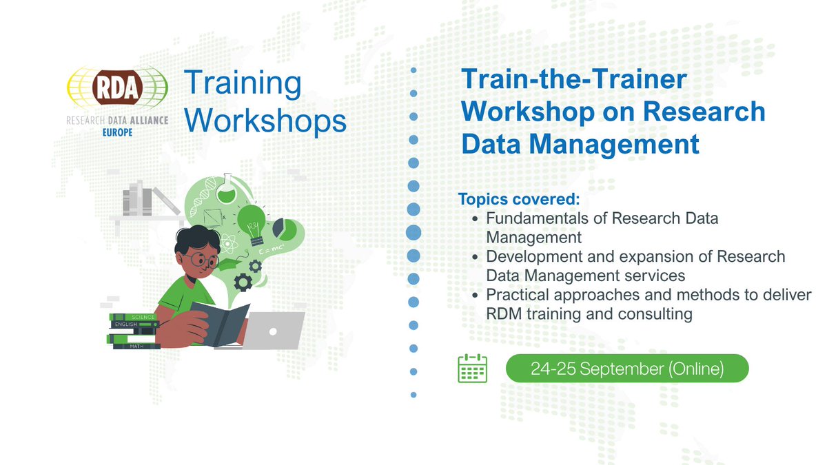 RDA_Europe's tweet image. 💡Multiply #RDA knowledge at your institution!

RDA Europe is running a &apos;Train-the-Trainer Workshop on Research Data Management&apos; for professionals looking to teach the fundamentals of RDM at their institution.

📅 24-25 September 2025

Register: ow.ly/KHg950WussW